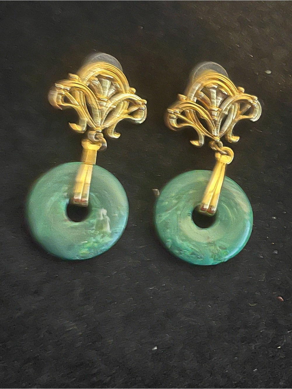 Vintage AVON Gold Tone Faux Green Jade Lucite Donut Pierced Drop Dangle Earrings